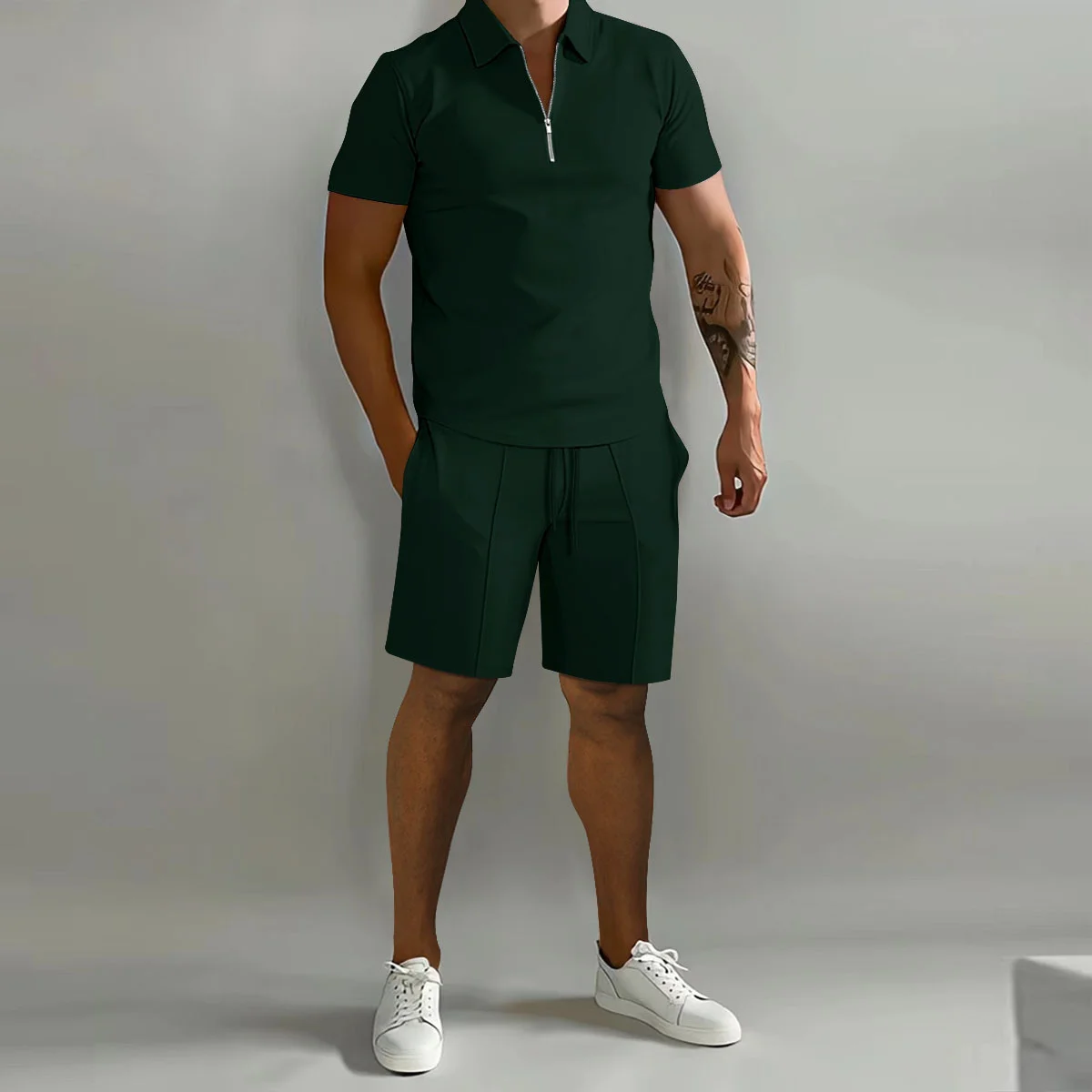 Summer Fashion New Men\'s Solid Color Zip-Up Lapel Polo short sleeve Shorts Outdoor Sports Leisure Lightweight Comfortable Suit