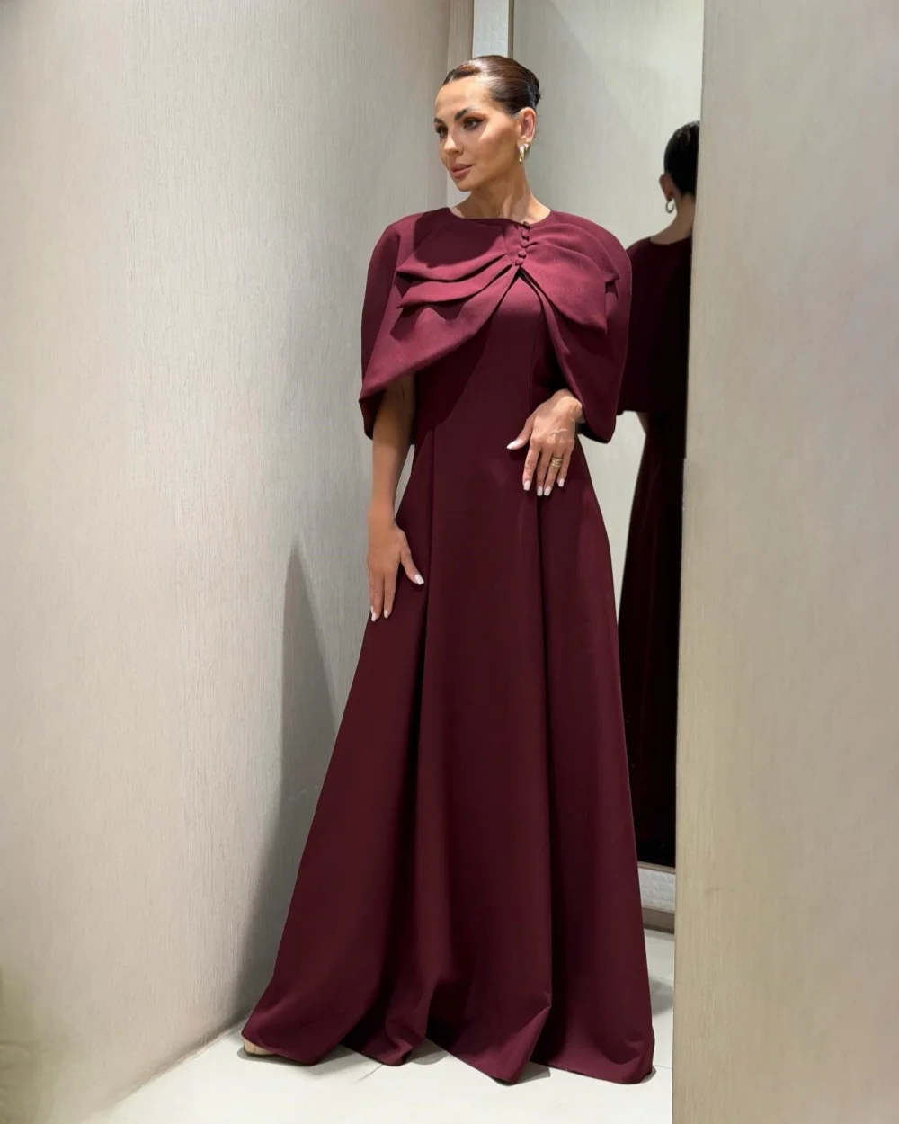 Customized Modern Style Women Jersey Button Ruched A-Line Evening Dresses Matching O-Neck Sleeveless Floor Lenght Prom Dresses