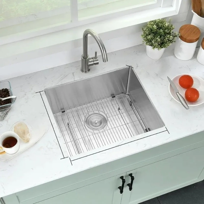 

23 Single Bowl Undermount Kitchen Sink, 16G Stainless Steel with Drain Assembly and Bottom Grid