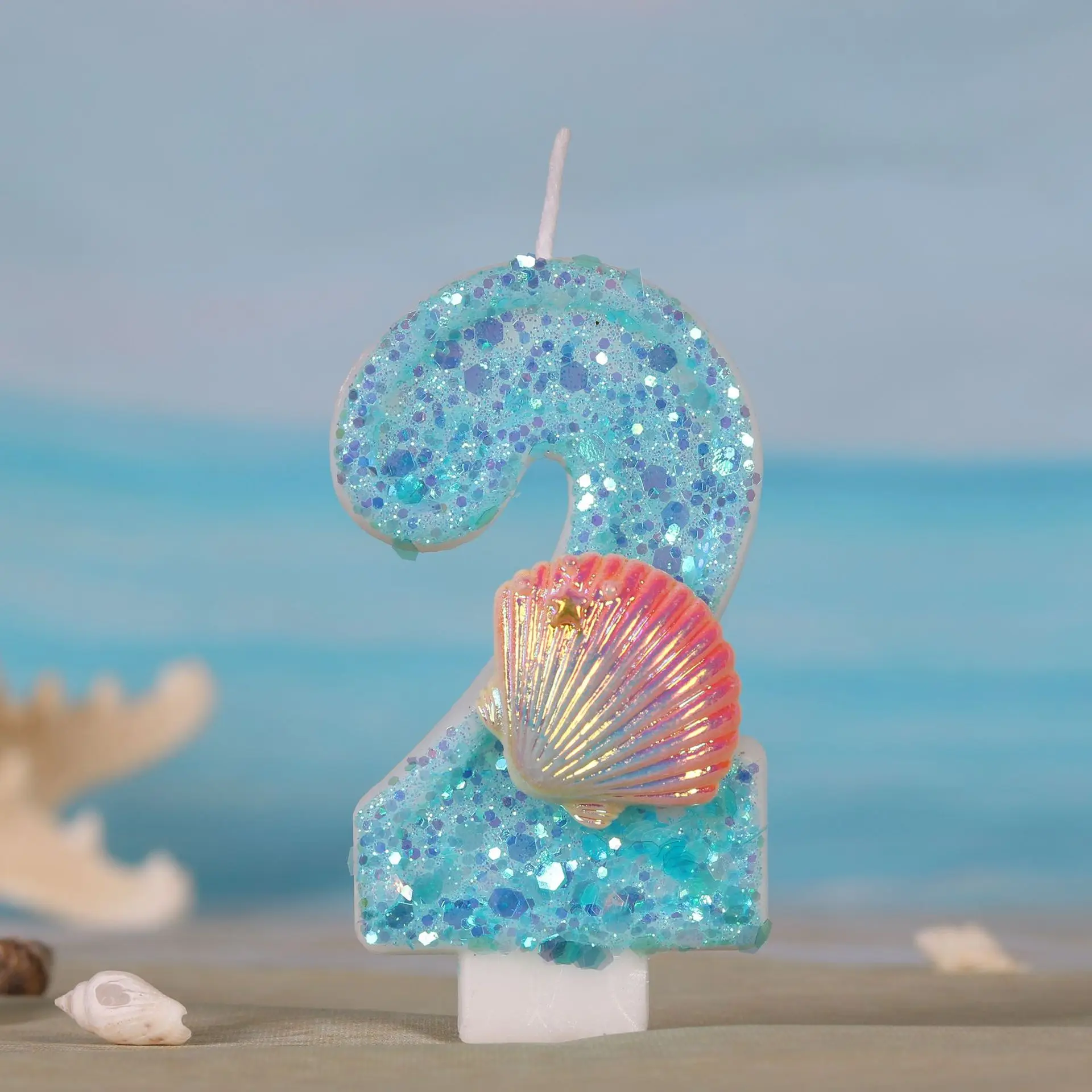 Ocean Mermaid Theme Cake Candles 0-9 Numbers Blue Cake Topper with Sequins Girls Birthday Party Cake Decoration Supplies Boys