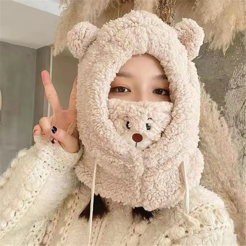 New Fashion Winter Warm Beanies Caps Women Girl Cute Bear Ear Hat Plush Hat Earflap Earmuff Windproof Caps Warm Hat White Khaki