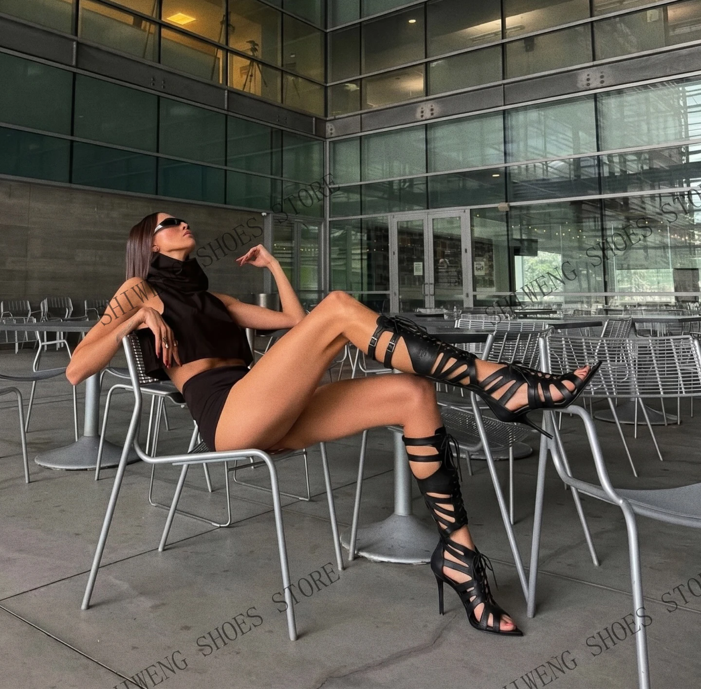 2026 Women Black Strappy Cutout Sandal Boots  Trendy Sexy Belt Buckle Cross Tied Shoes High Heels Open Pointed Toe Puttee Sanda