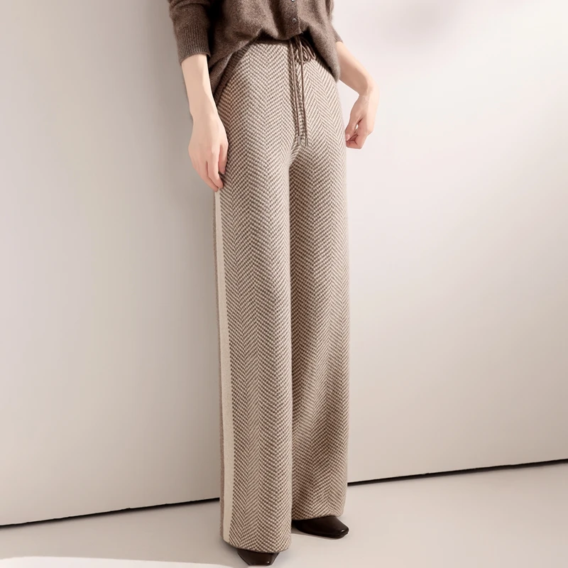 Women Wide-Leg Pants 100% Merino Wool Trousers New Collection High Quality Autumn Winter Soft Thick Female Herringbone‌ Pants