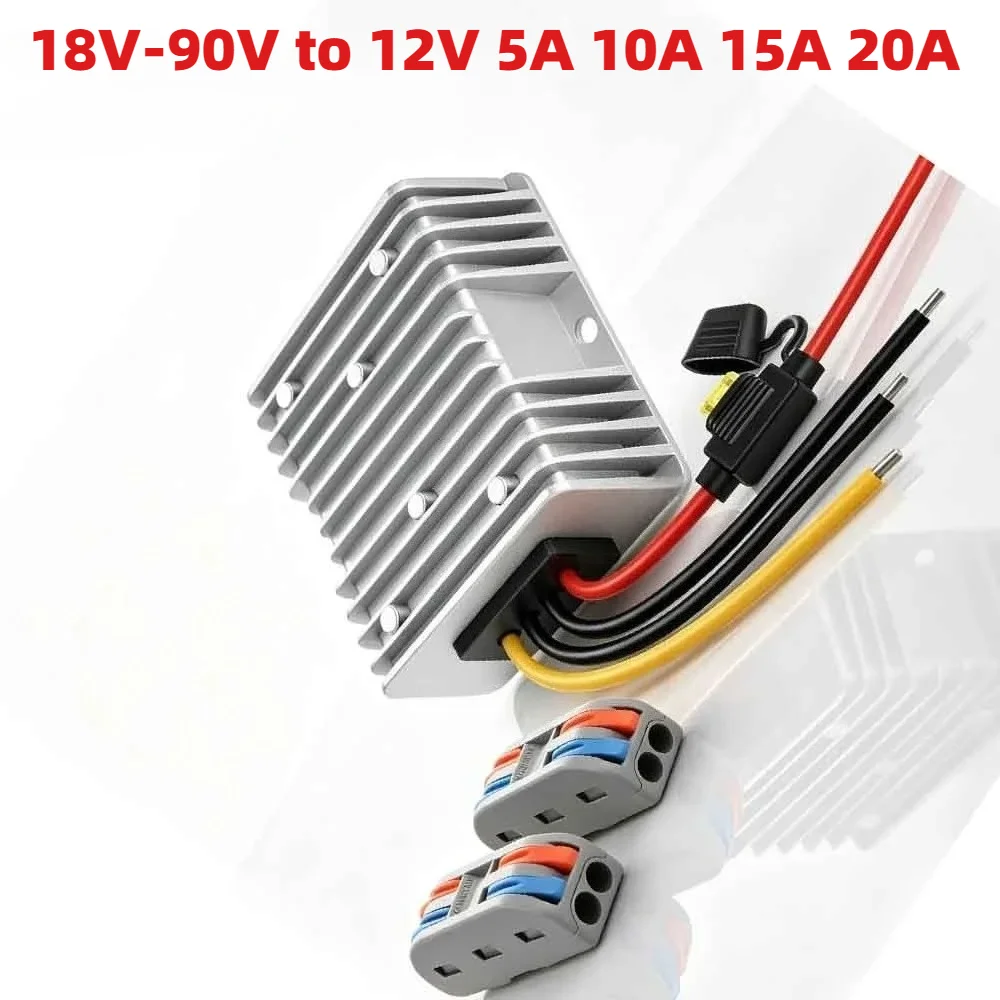 DC 18V-90V Step Down to 12V Converter 72V to 12V 5A 10A 15A 20A Golf Cart Buck Voltage Regulator Reducer Transformer with Fuse
