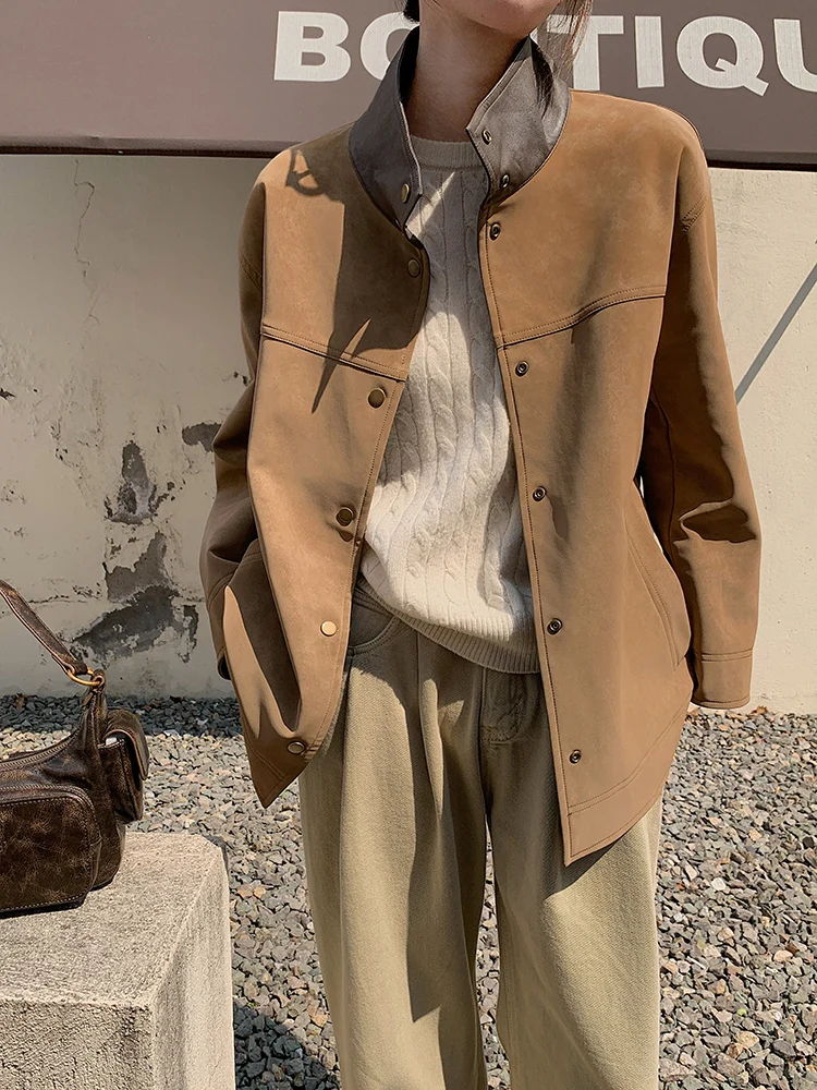 Missneko Brown Single Button Double Sided Wear Leather Jaet Women's Loose Casual Top Street Sle PU Leather Spring 2025