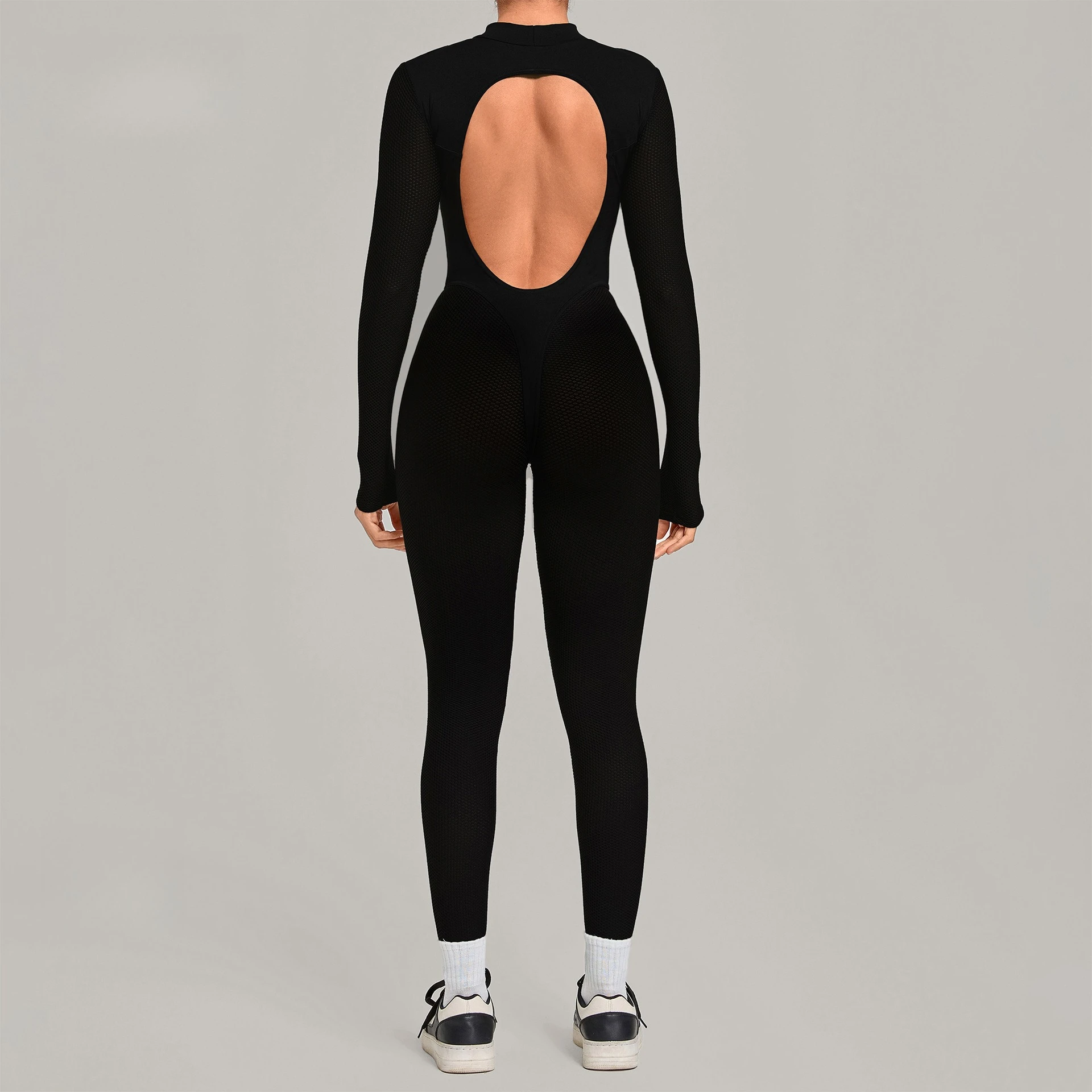 Women's Ribbed One Piece Workout Jumpsuit High Neck Long Sleeve Butt Lift Sport Bodysuit Gym Training Activewear No Chest Pads