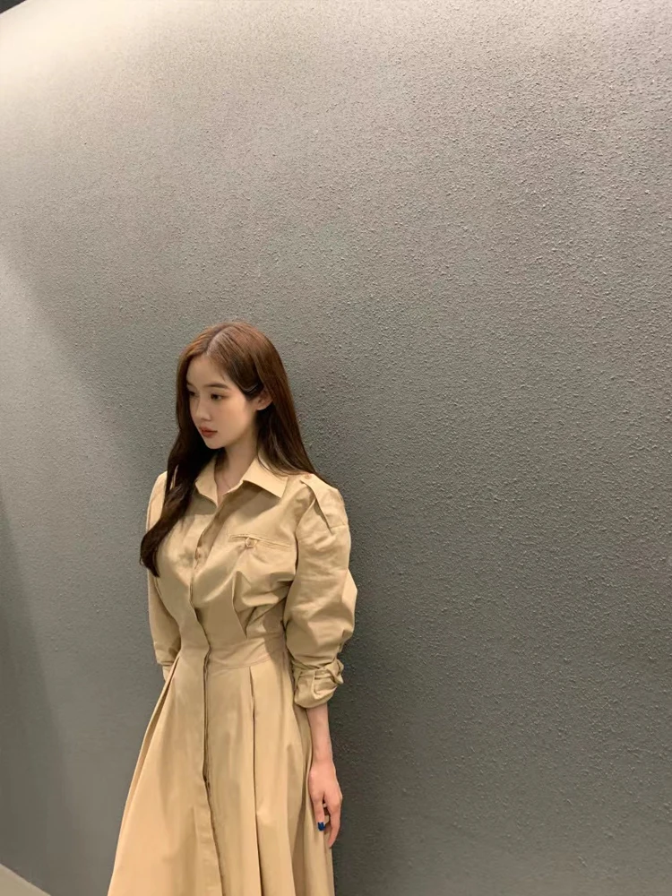 Ele Long Sve irt Dr Women's Korean Sle Spring High Waist Slim Fit A-Line Knee-Length Dr with Turn-down Collar