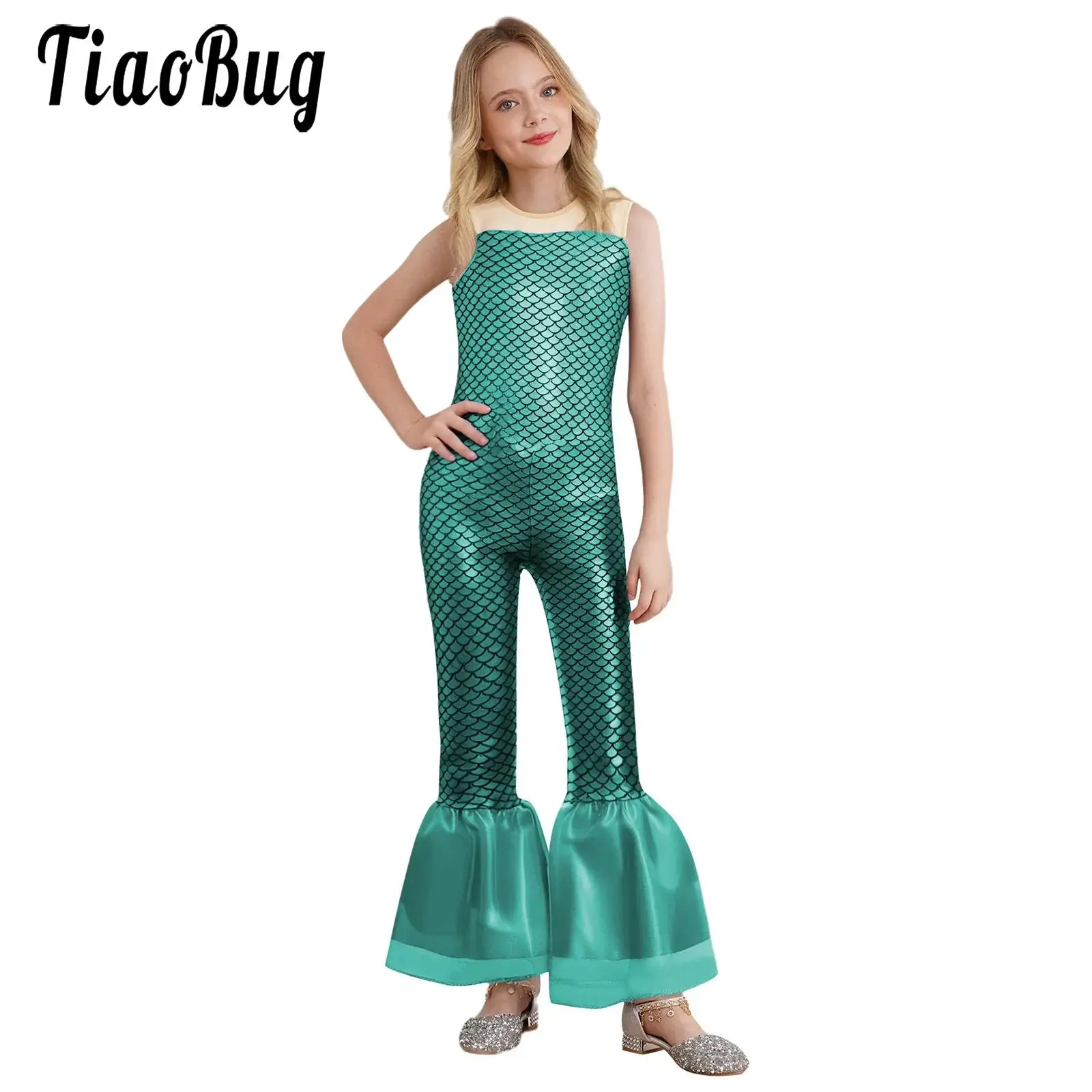 

Kids Girls Mermaid Cosplay Costume Jazz Dancewear Sleeveless Fish Scales Print Jumpsuit Halloween Party Holiday Dress-up Costume
