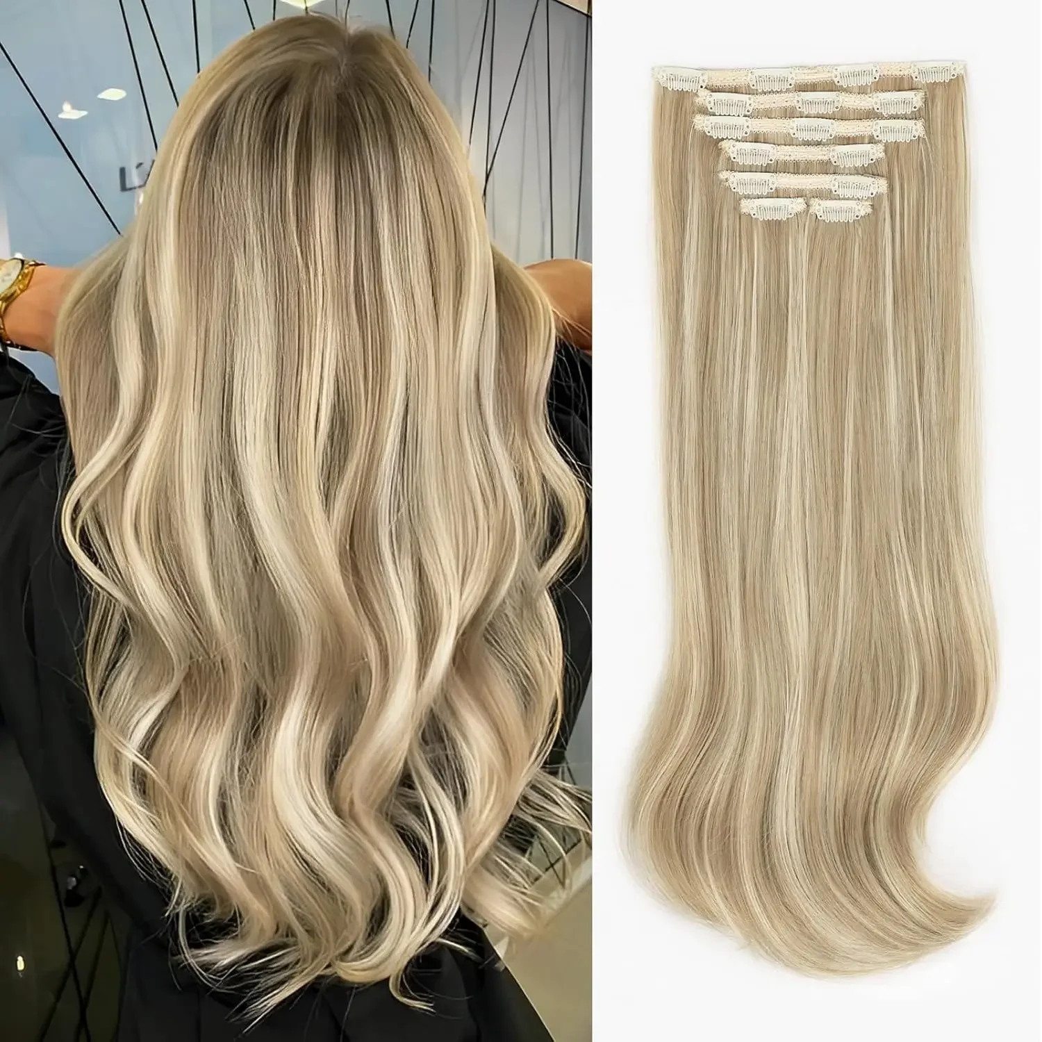 Long Stright Layered Clip in Hair Extensions Dirty Blonde Hair Extensions 20 Inch Invisible Lace Weft Hair Piece for Women