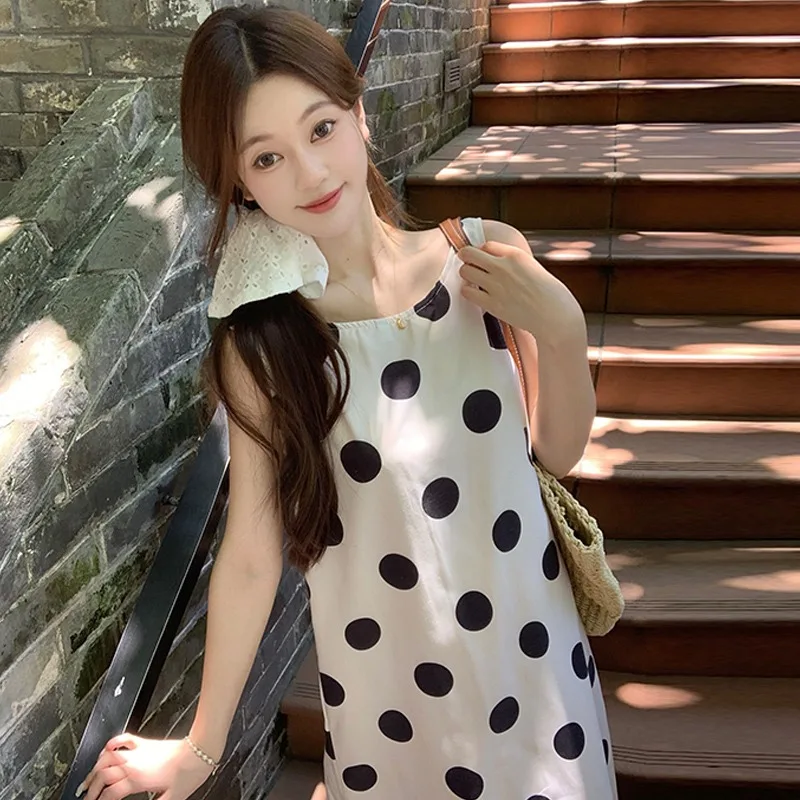 Dresses Women Loose Fit Vintage Polka-dot Backless Design Temper A-line Korean Fashion Summer Sleeveless Vestidos Popular Sexy