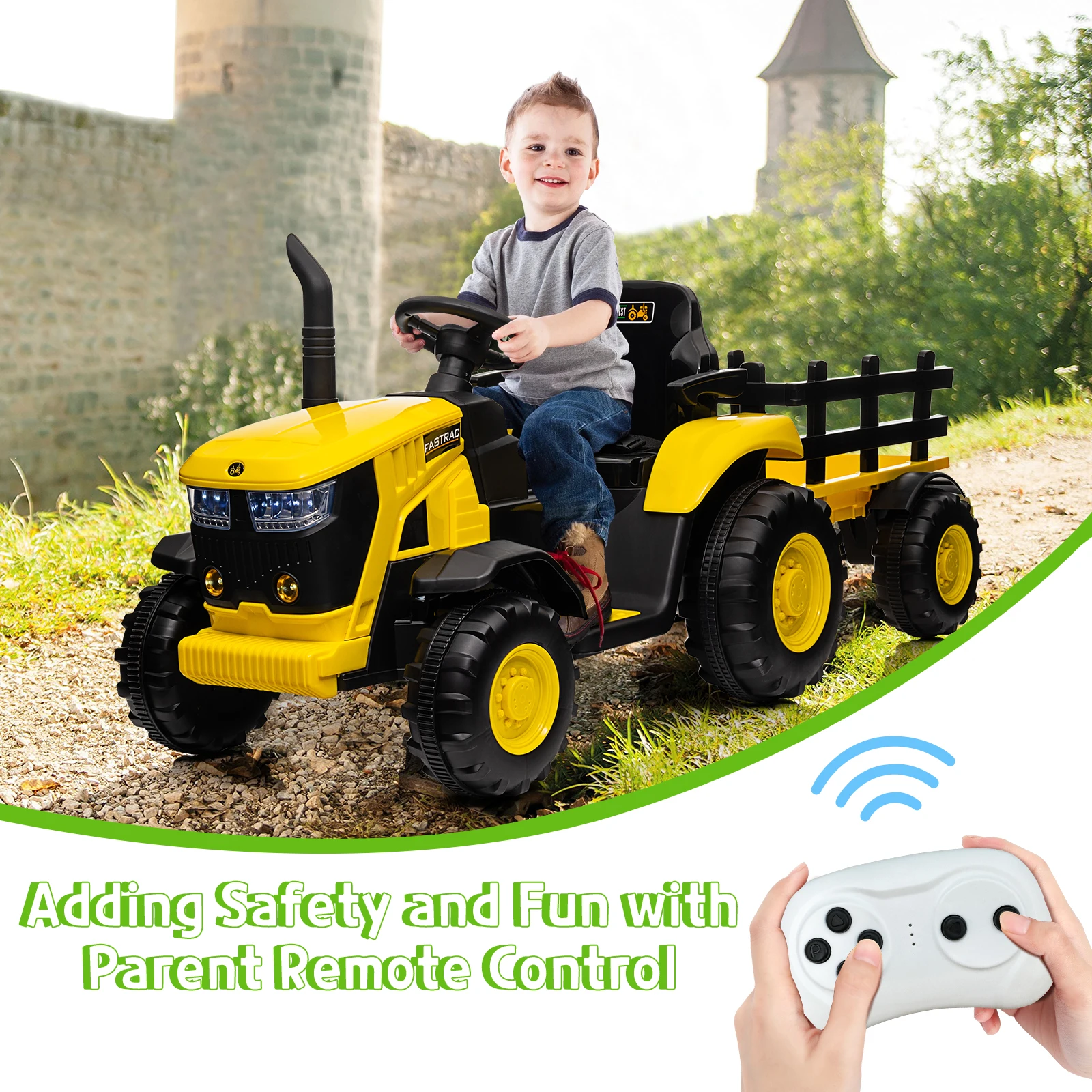 Tractor para niños, coche de juguete con batería de 12 V con remolque desmontable y control remoto, cinturón de seguridad, doble 35 W