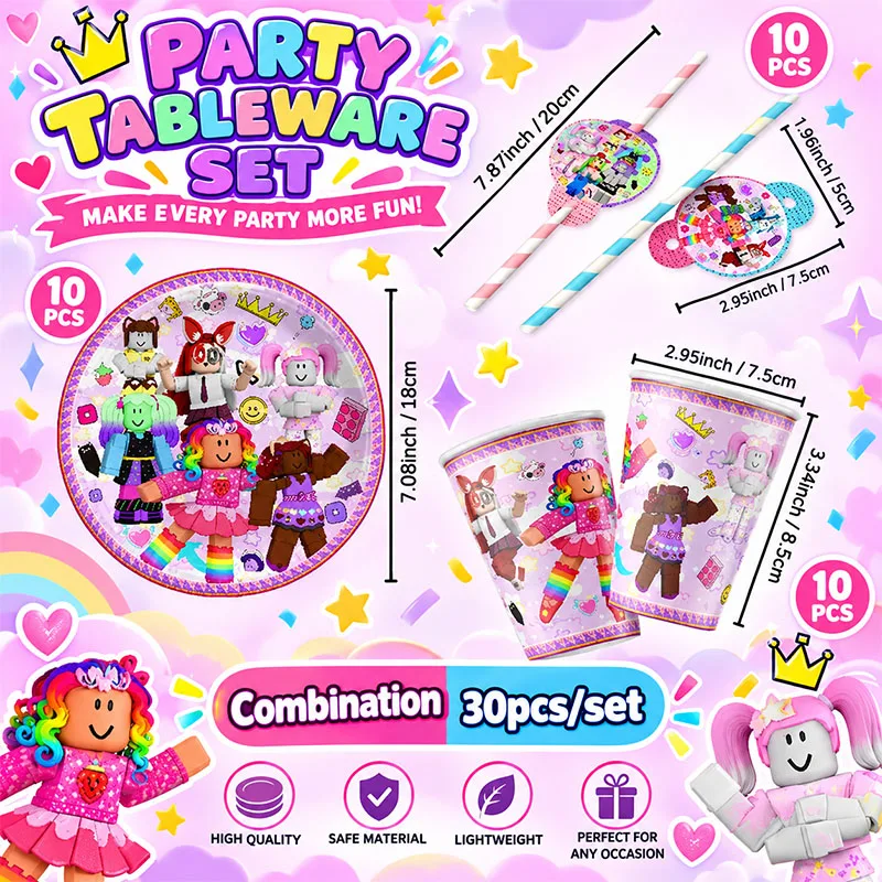 Roblox Geburtstagsparty-Dekoration Cartoon Rosa Thema Einweg-Papierbecher Teller Hintergrund für Innen- und Außenpartys – Detail 4