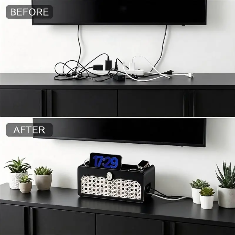 Reliable-Faux Rattan Cable Management Box Cord Organizer Decorative Power Strip Cover With Lid For Organizing Cables On Desks,Fa