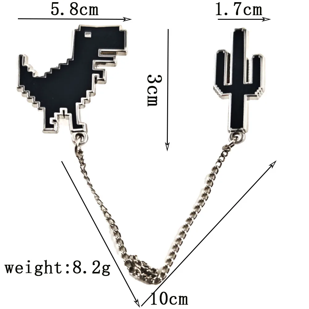 Pixel T-Rex Dinosaur Cactus Enamel Pins with Chain Funny Chrome Offline Game Brooch Badges Lapel Pin Jewelry Gift for Gamer Frie
