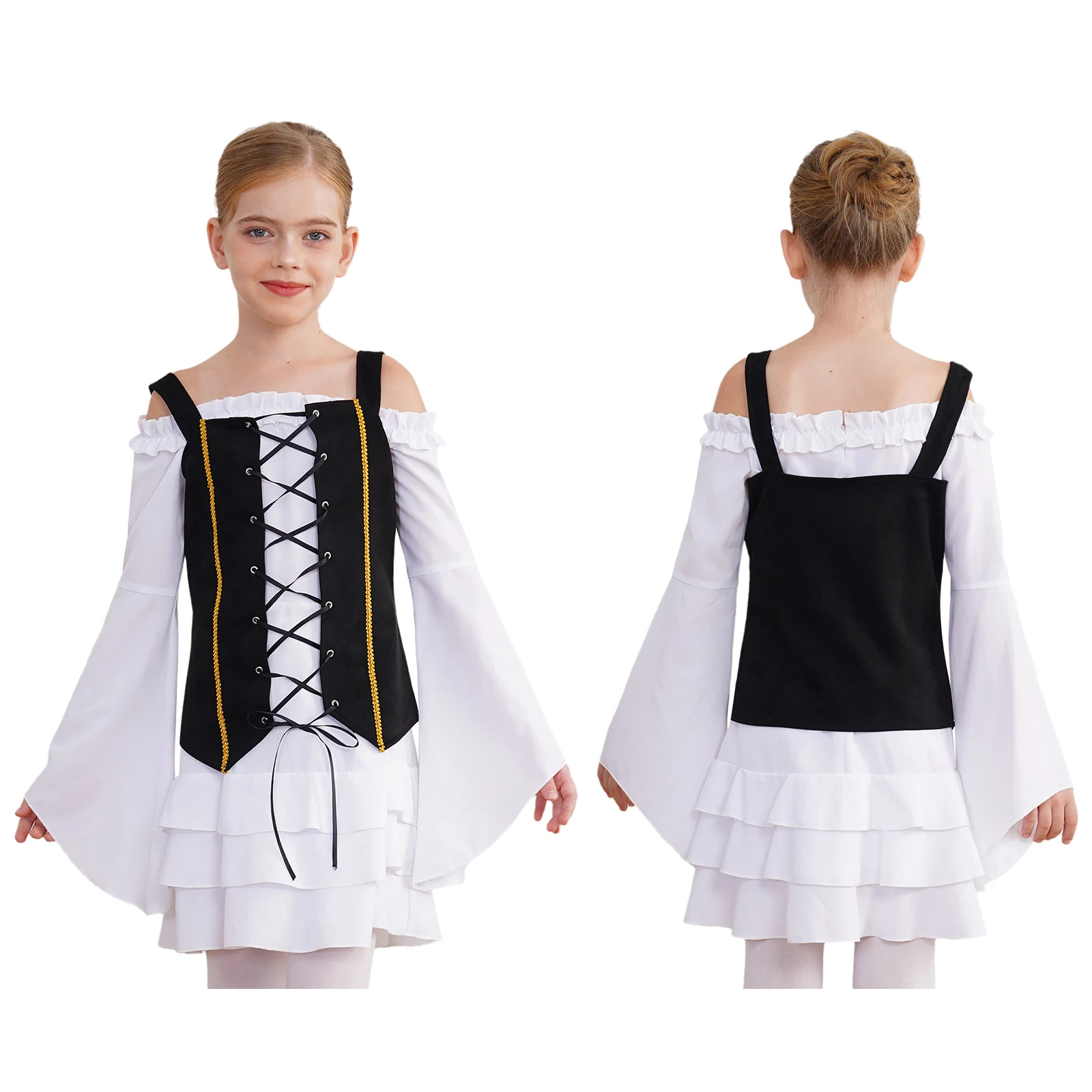 Kids Girls Halloween Victorian Pirate Costume Retro Court Style Long Sleeve Tiered Ruffle Dress and Lace-up Suede Vest Set