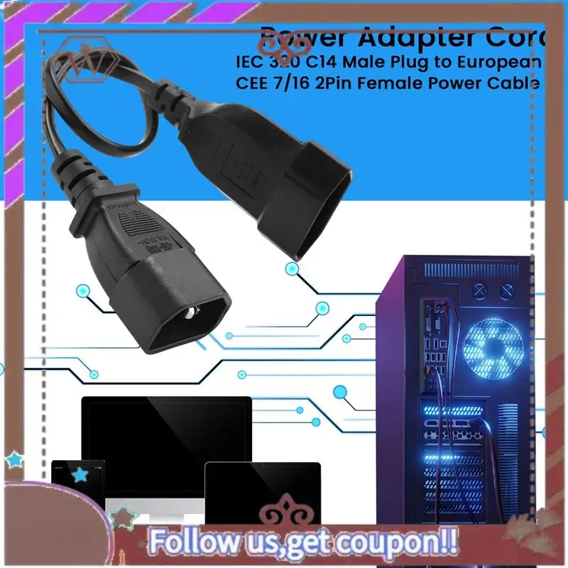 ABBG-Power Adapter Cord , IEC 320 C14 Male Plug To European CEE 7/16 2Pin Female Power Cable For UPS PDU