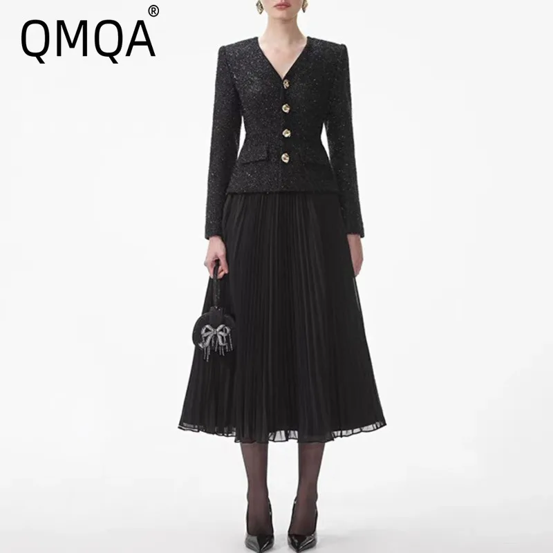 QMQA Fashion Women's Light Luxury Black 2 Piece Sets V-neck Long Sleeve Tweed Coats High Waist Pleated Skirts Set 2025 New 1A914