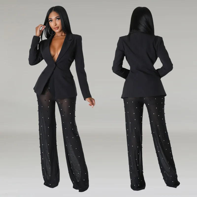 Women's Suit Set Fashion Autumn Winter New Commute Long Sleeve Single Button Suit Black Sexy Perspective Pant Two Piece Set