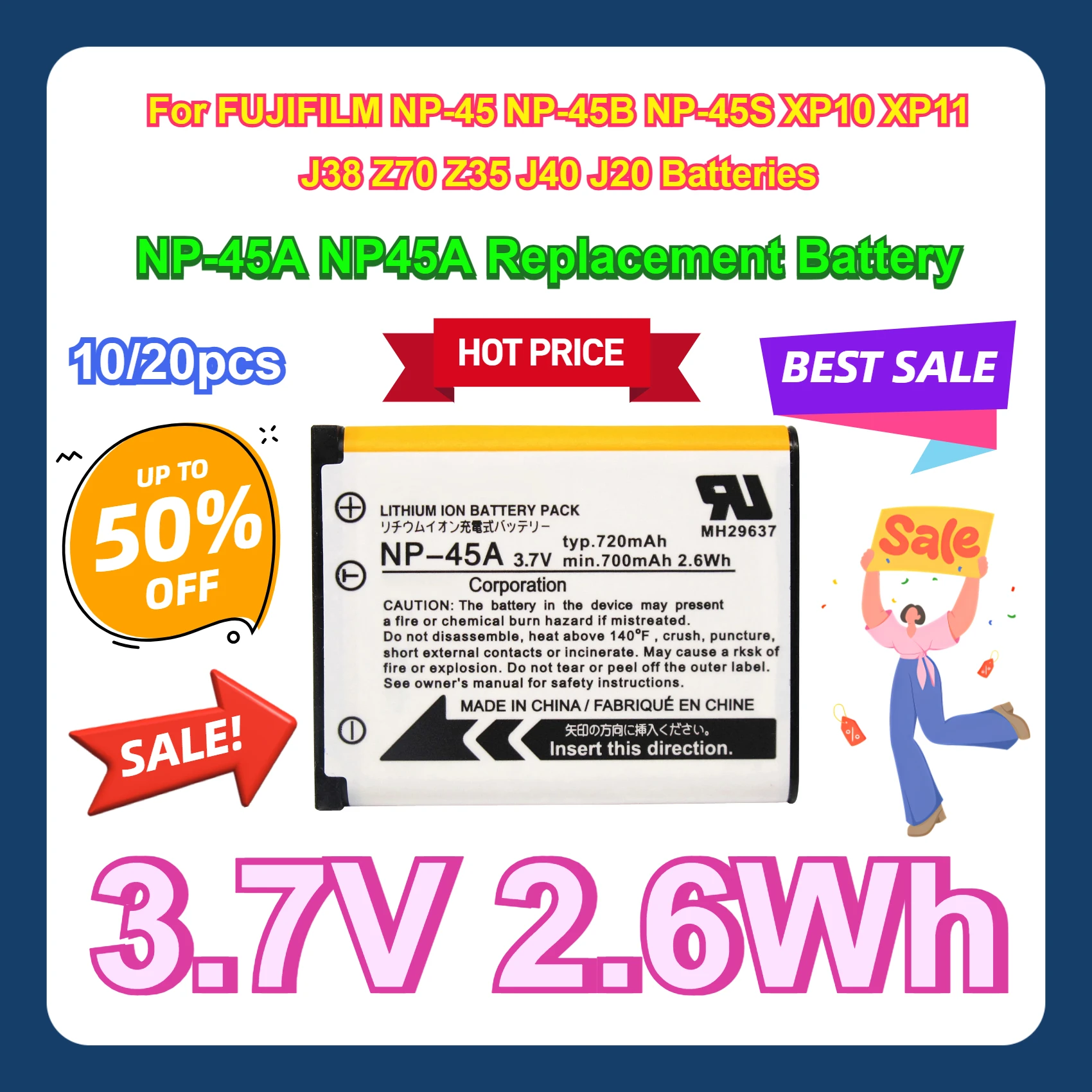 For FUJIFILM NP-45 NP-45B NP-45S XP10 XP11 J38 Z70 Z35 J40 J20 Batteries NP-45A NP45A Replacement Battery