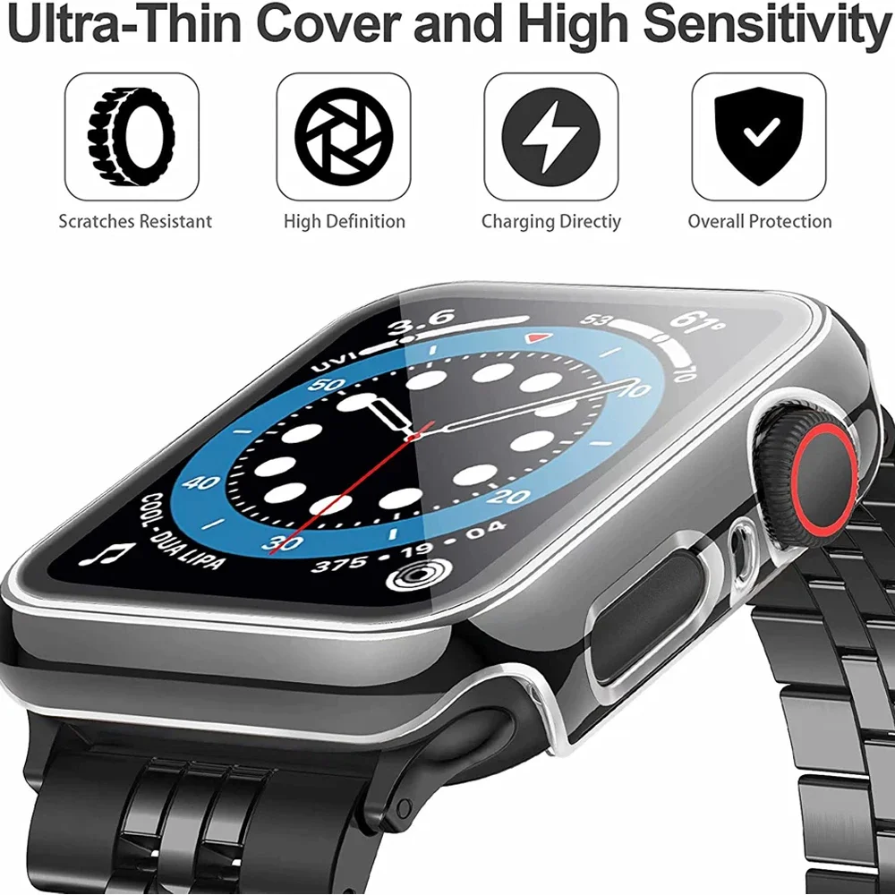 Tempered Glass+Case For Apple Watch 44mm 40mm 42mm 38mm PC bumper Screen Protector Cover iWatch series 6 5 4 3 2 1 SE Accessorie