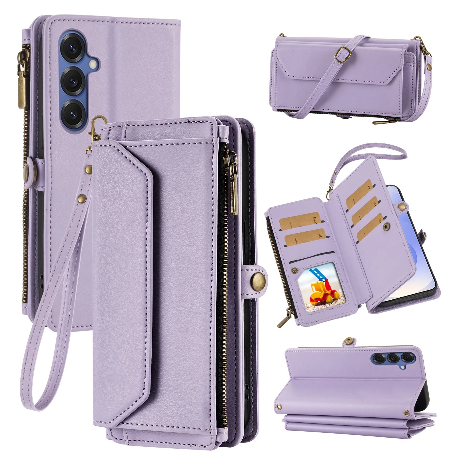 Handyhülle im Wallet-Stil für Samsung A17/A16/A15/A14/A13/A26/A36/A55/A56/A57 mit Umhängegurt, mehreren Kartenfächern und Münzfach, Handyhülle aus Kunstleder – Detail 3