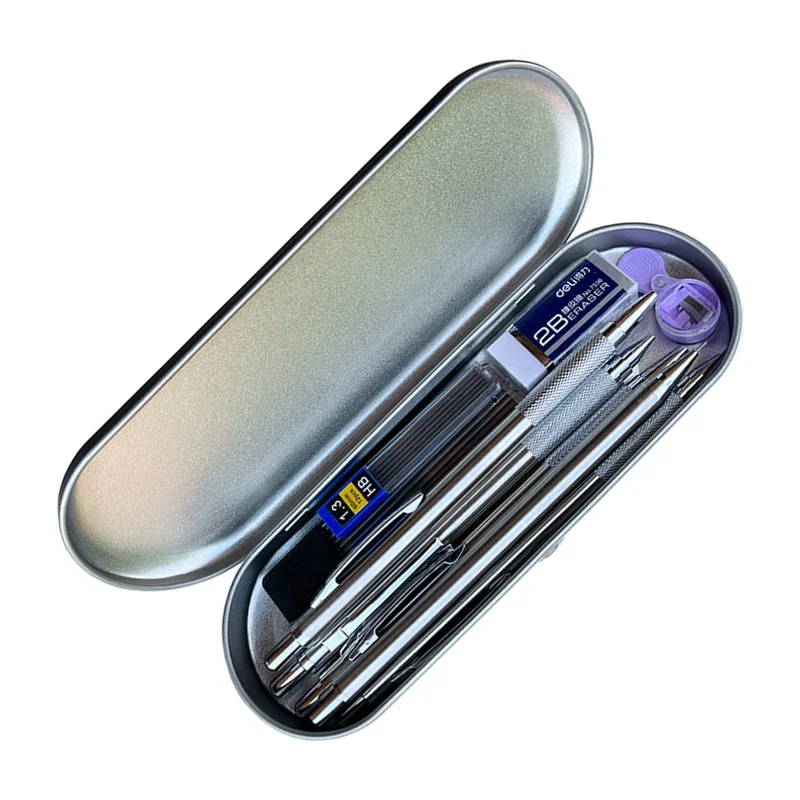 Juego de sacapuntas de lápiz mecánico de Metal con caja de bolígrafo, borrador de plomo, 0,3, 0,5, 0,7, 0,9, 1,3, 2,0mm, lápiz automático para