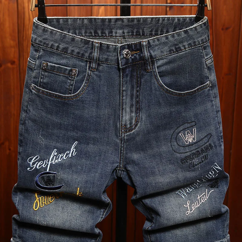 Embroidered printed denim shorts men's street fashion summer thin stretch slim fit casual cropped pants