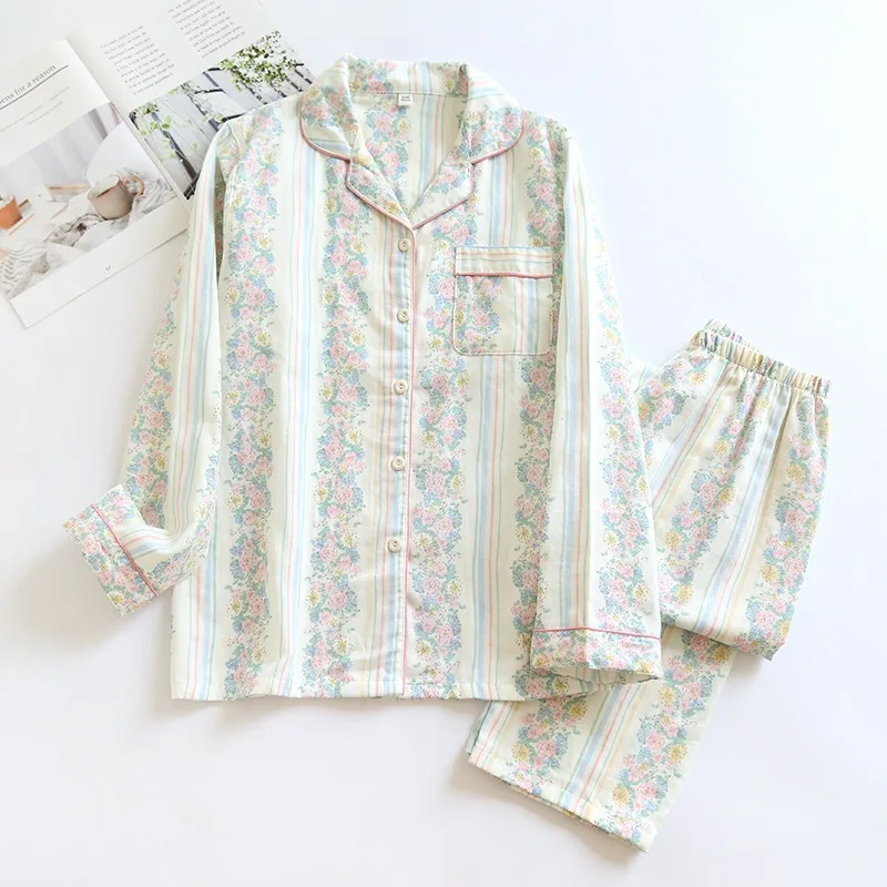 2024 Spring Women\'s Pajamas 100% Cotton Yarn Pajamas Flower Print Sleepwear Female 2 Piece Set Nightwear Lady Pyjamas Loungewear