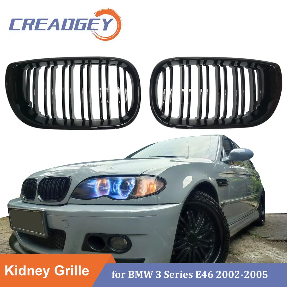 Front Kidney Grill Racing Grille for BMW 3 Series E46 318I 320I 325I 330I 4 Door 2002-2005 Glossy Black Double Line 2 Slat