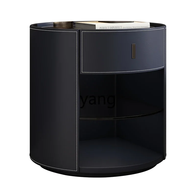LH saddle leather rock slab bedside table bedroom round leather art high-end bedside table
