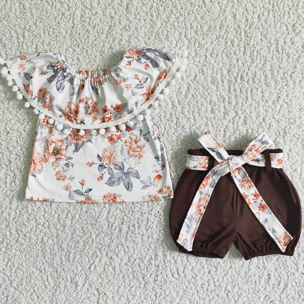 

Hot Sale Baby Girl Clothes Fashion Little Girls Summer Clothes Set Flower Print Kids Boutique Clothes Girls Outfit Belt Shorts