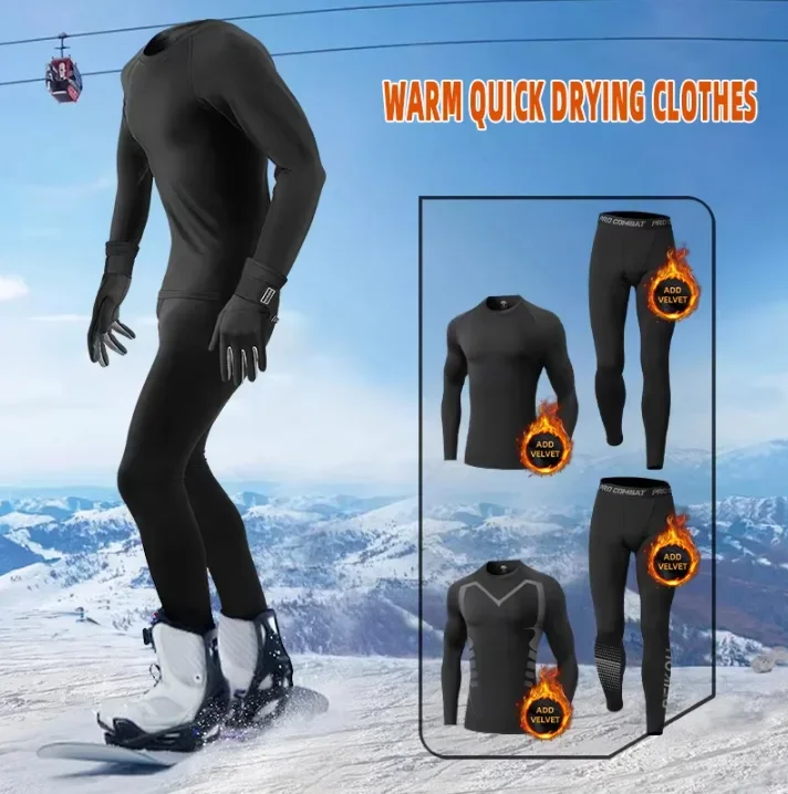 4 قطع، بدلة حرارية للرجال، بدلة ضيقة، طبقة أساسية شتوية مناسبة، مرونة عالية، سريعة الجفاف #2