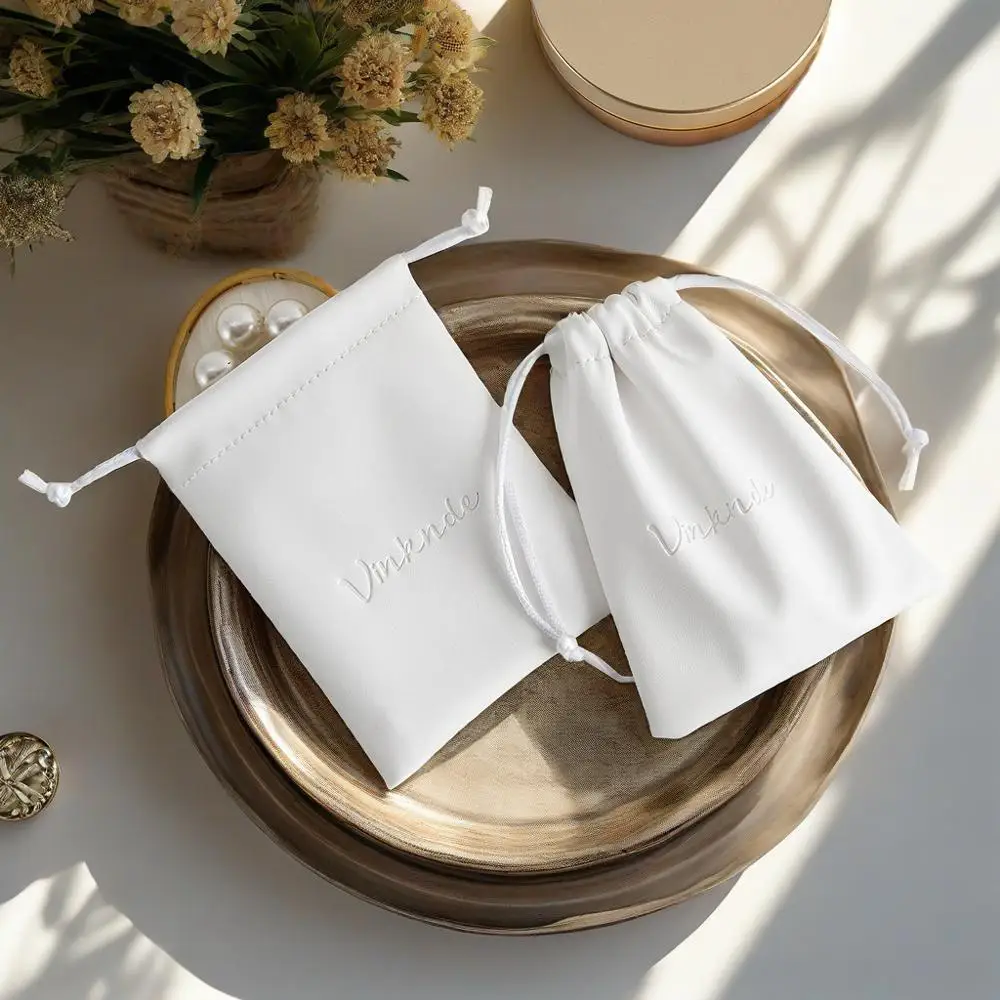

100PCS Personalized Logo Soft White PU Leather Drawstring Bag Small String Pouch Jewelry Bag Gift Bags for Earrings Packaging