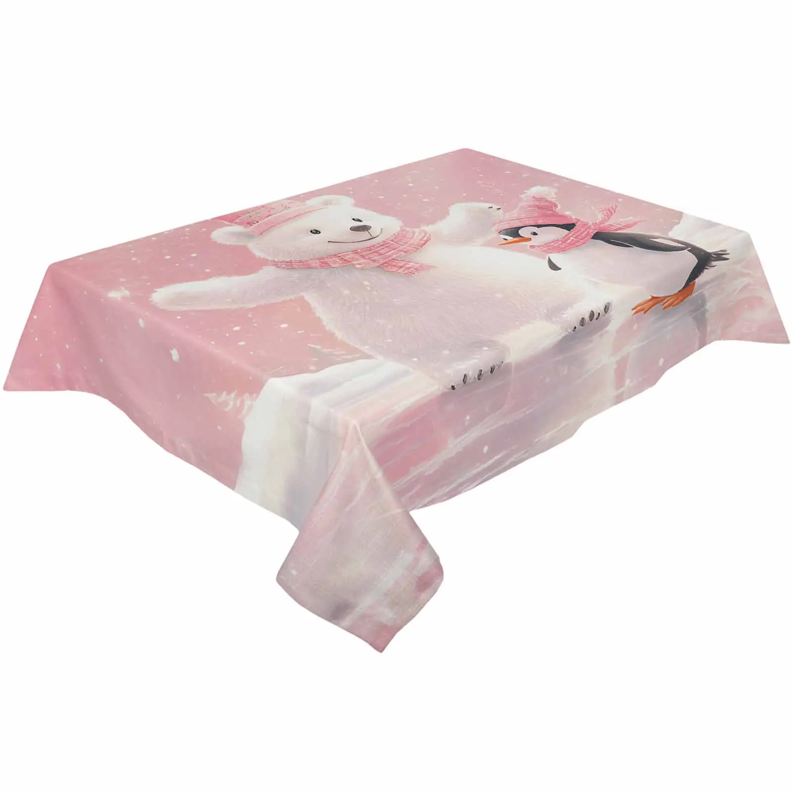 Christmas Pink Bears And Penguins Tablecloths Waterproof Kitchen Coffee Table For Living Room Home Decor Dining Table