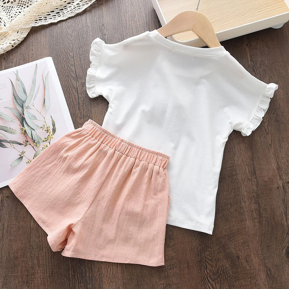 Girls White Cotton T-Shirt & Shorts Set - Ice Cream Print with 3D Tulle Flowers Bow Tie Waist Pink Summer Outfit Girl Clothes
