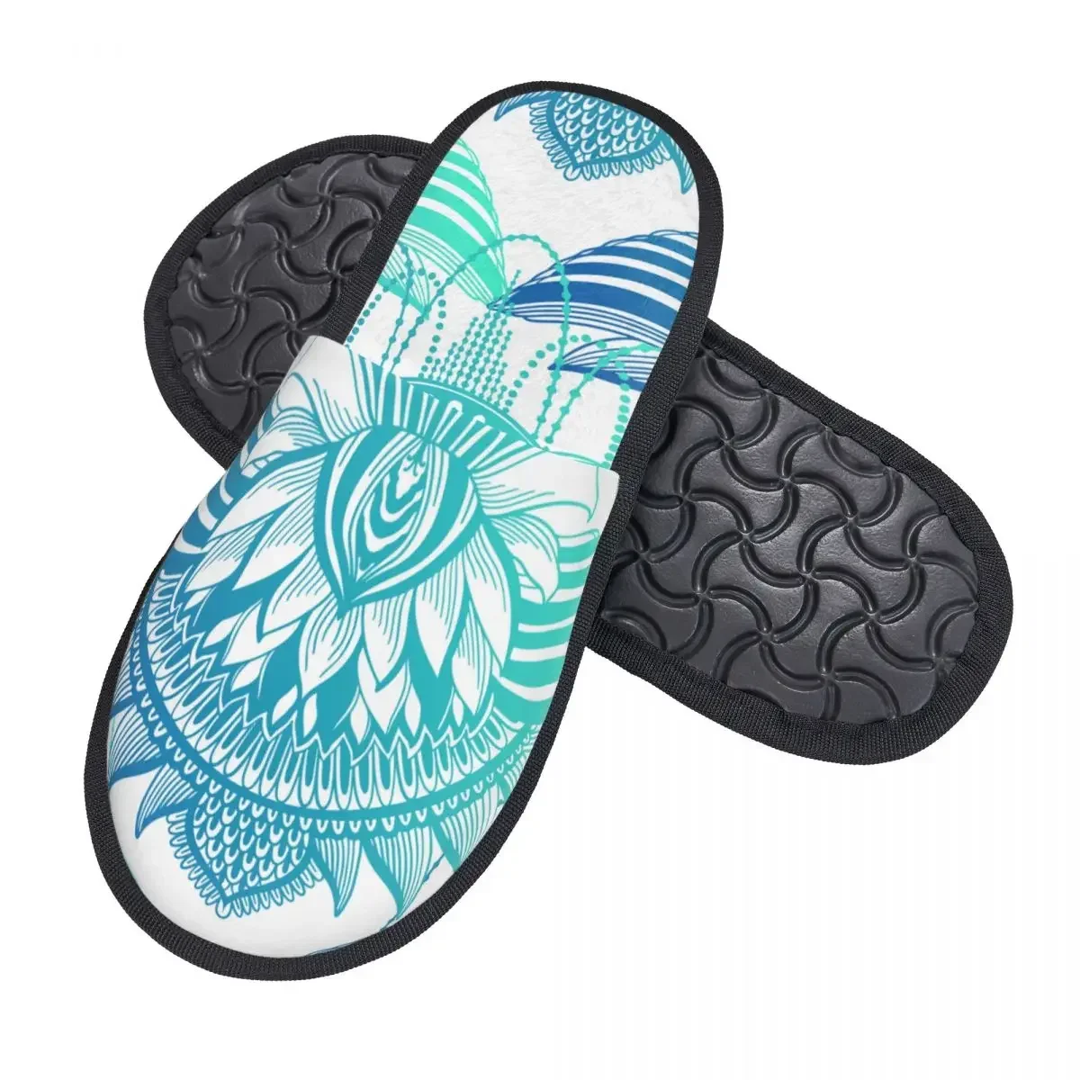 Soft Plush Cotton Lotus Flower Mandala Ethnic Abstract Print Slippers Shoes Non-Slip Floor Indoor Furry Slippers For Bedroom