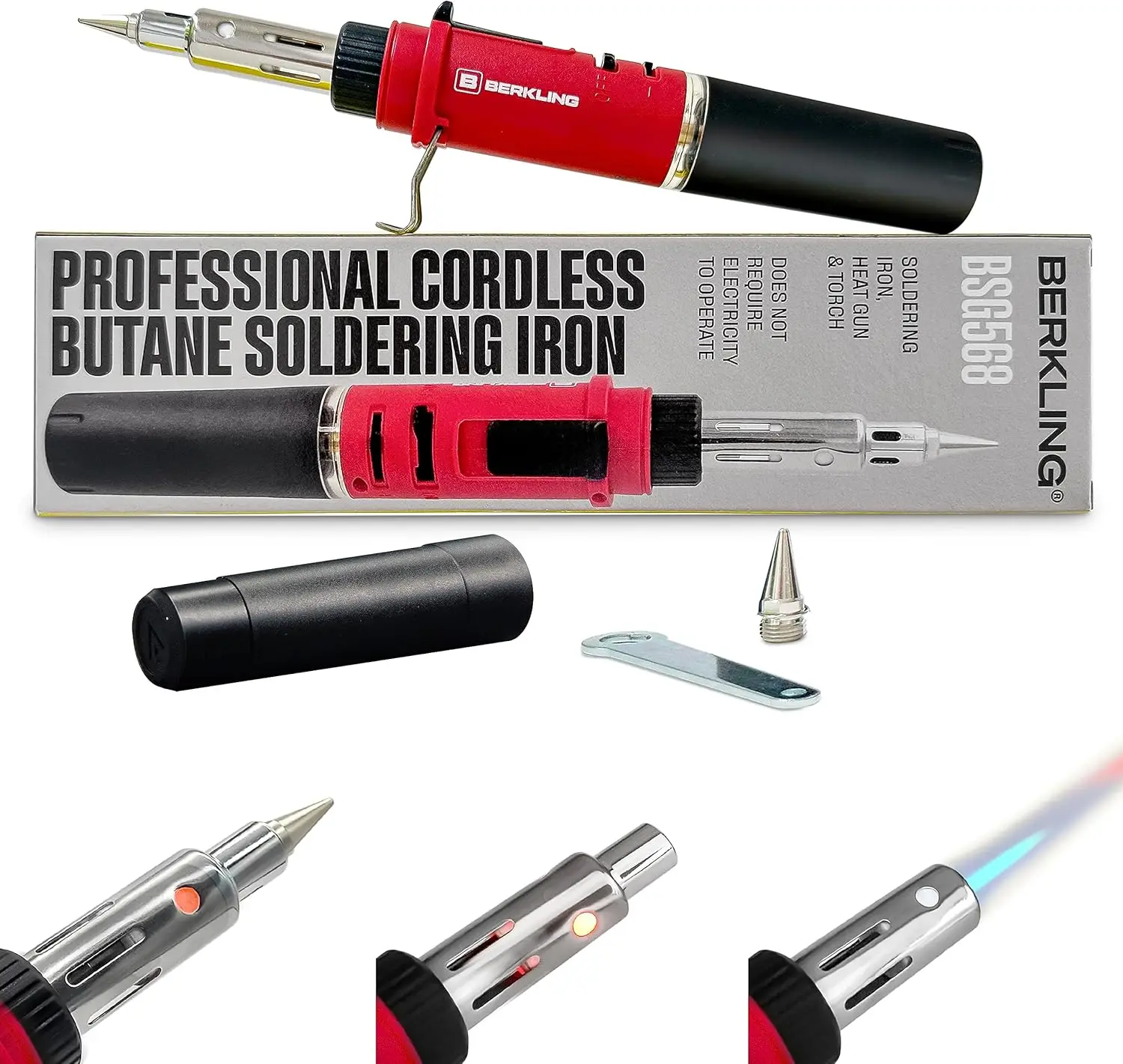 

Berkling BSG-568 3-in-1 Cordless Soldering Iron, Heat Gun, Mini Torch - Rechargeable, Self-Ignite, Adjustable Flame, Lightweight