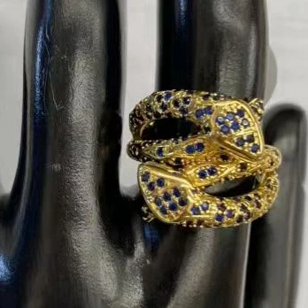 Luxury Gold Tone Coiled Snake Ring with Pave Blue Crystals Bold Serpent Statement Jewelry for Women Party & Everyday Fashion