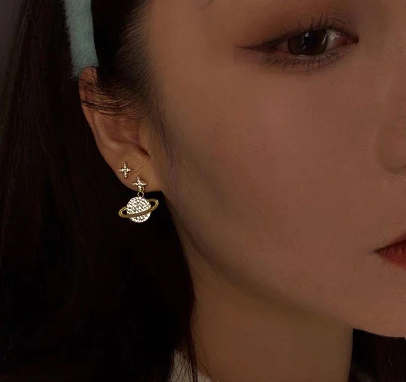 S925 Silver Needle Asymmetrical Planet Earrings, Star One Two Wear Simple, Female Small Premium Atmosphere