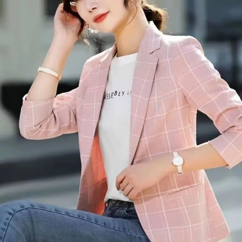 Spring and Autumn Women\'s Solid Color Suit Collar Pocket Button Plaid Slim Fit Long Sleeve Coat Fashion Elegant Casual Tops