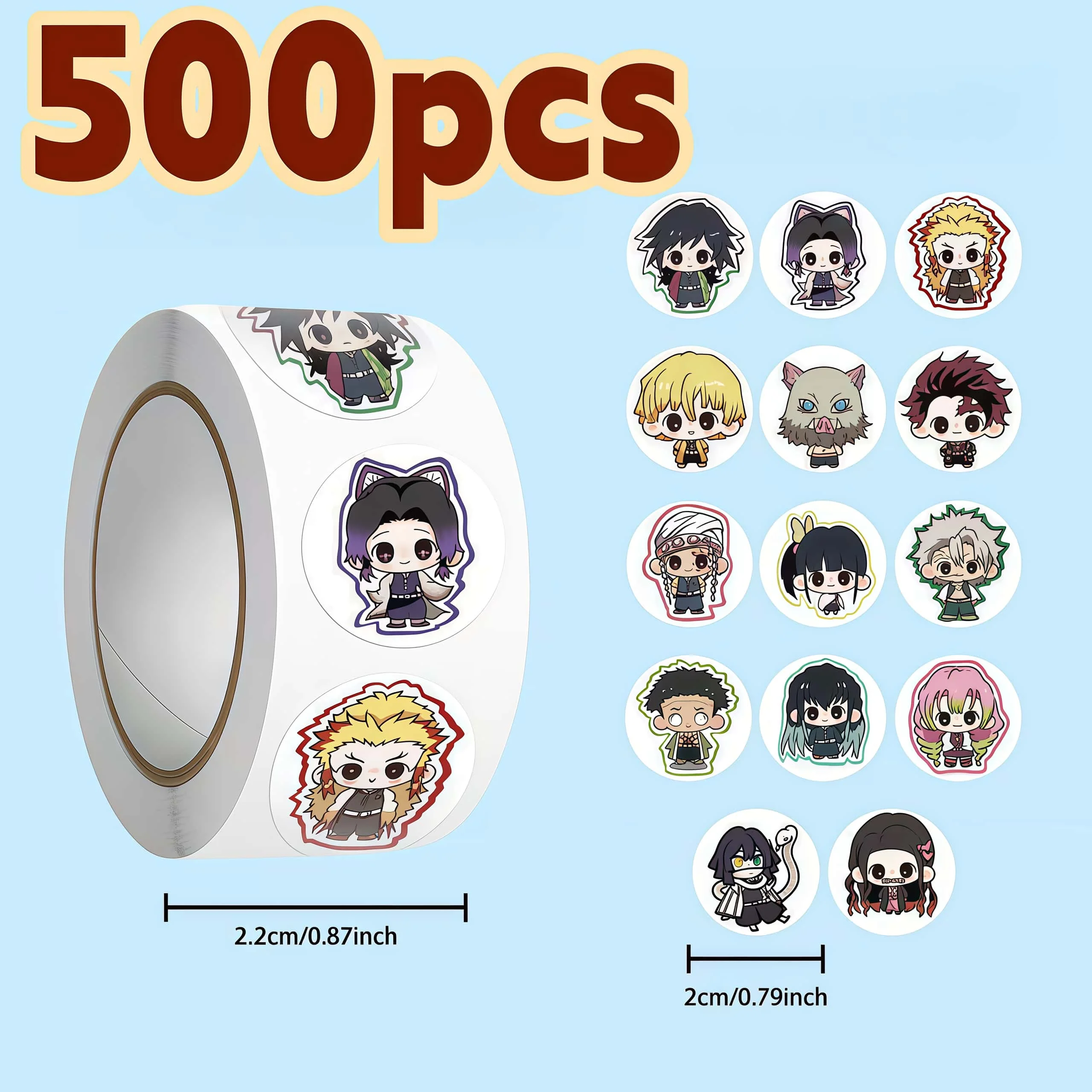 500Pcs Demon Slayer Cute Chibi Character Sticker Roll, Round Multi-Character Seal Decals for Decor, DIY & Gifts