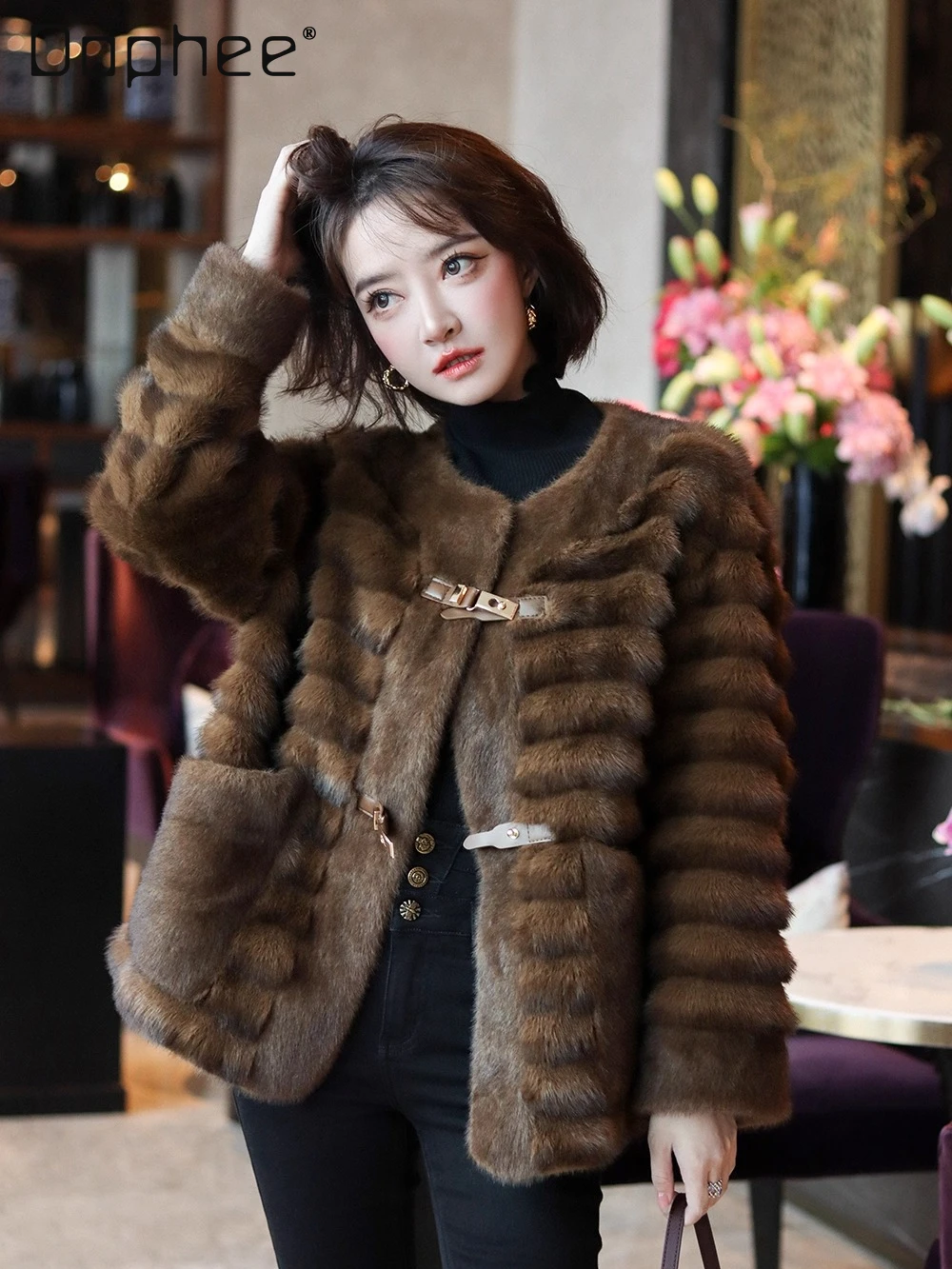 

Elegant Socialite Coffee Color Plush Eco-Friendly Faux Mink Fur Coat Short Jackets for Women Winter High End Thickened Warm Coat