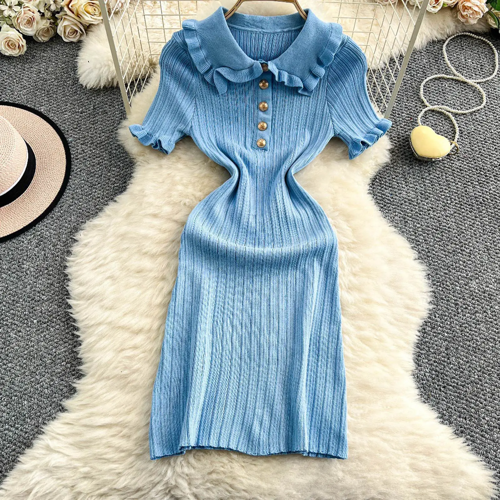 

Womens Adult Vintage Elegant Knitted Bodycon Dress Short Sleeve Stretchy Textured Dress for Birthday Party Office Causal Beach