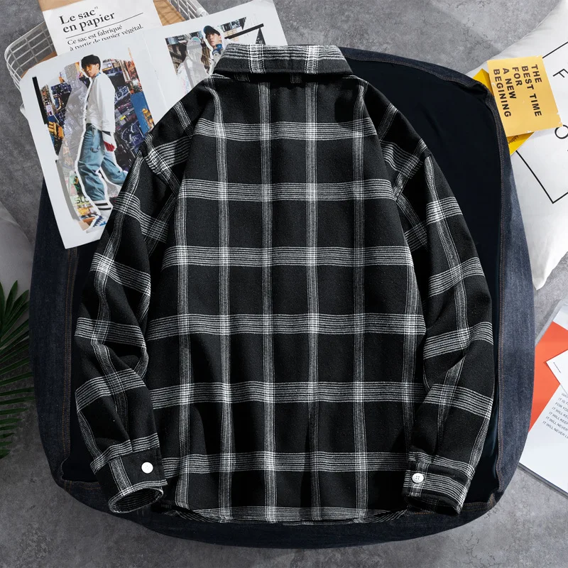 Plaid shirt men's long-sleeved loose casual Japanese-style shirt inspring-autumn Harajuku style jacket large size L-8XL