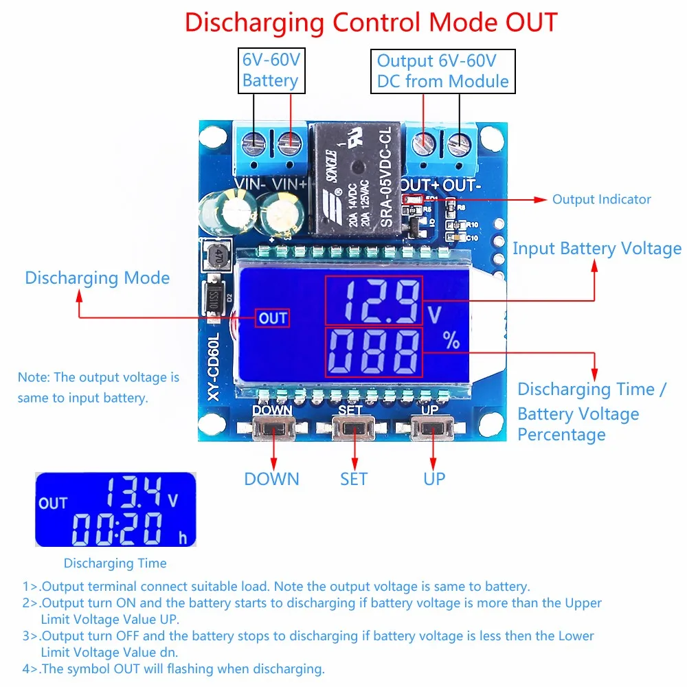 Lithium/Lead-acid Battery Charger Discharge Control Module LCD Display Undervoltage Overcharge Protector Board XY-CD60L DC 6-60V