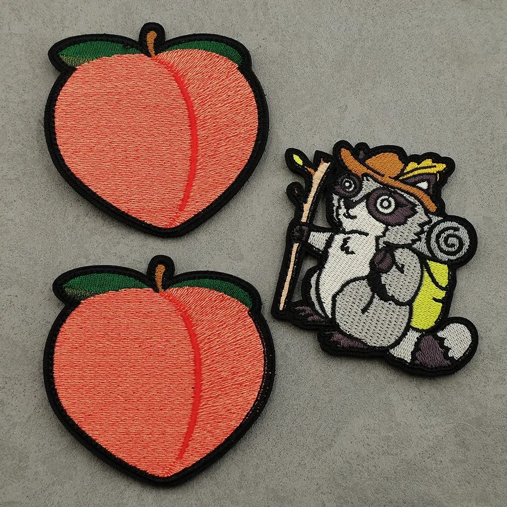 Embroidery Hiking Mountain Raccoon Fruit Animal Peach Sew-on Cartoon Raccoon And Peach Patch For Tactical Bag Hat Sticker Shirt