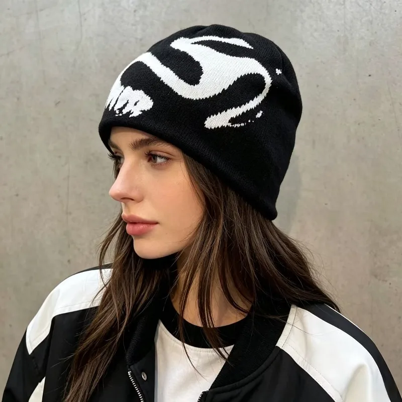 Unisex Y2K Punk Knit Beanie Hat 2 Styles Fangs Teeth Abstract Jacquard Skullies Cap Men Women Winter Warm Streetwear Hip Hop