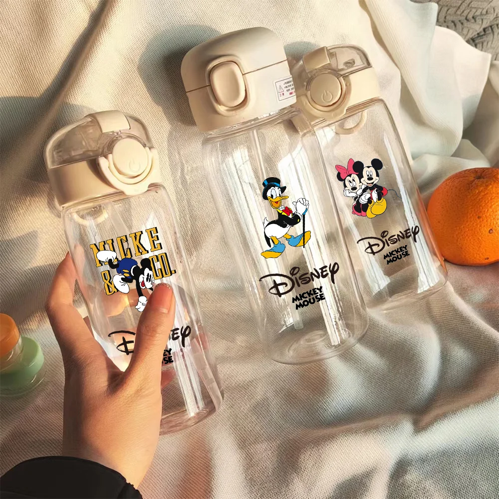 400-600ML Disney Mickey Maus Stroh Kunststoff Wasser Flasche Große Kapazität Tragbare Transparente Kinder Trinkwasser Tasse Donald Duck