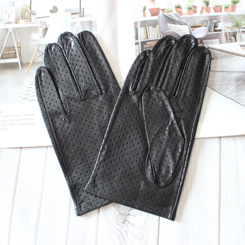 High quality new men\'s goatskin gloves leather unlined mesh hollow ultra-thin breathable cycling driving gloves summer