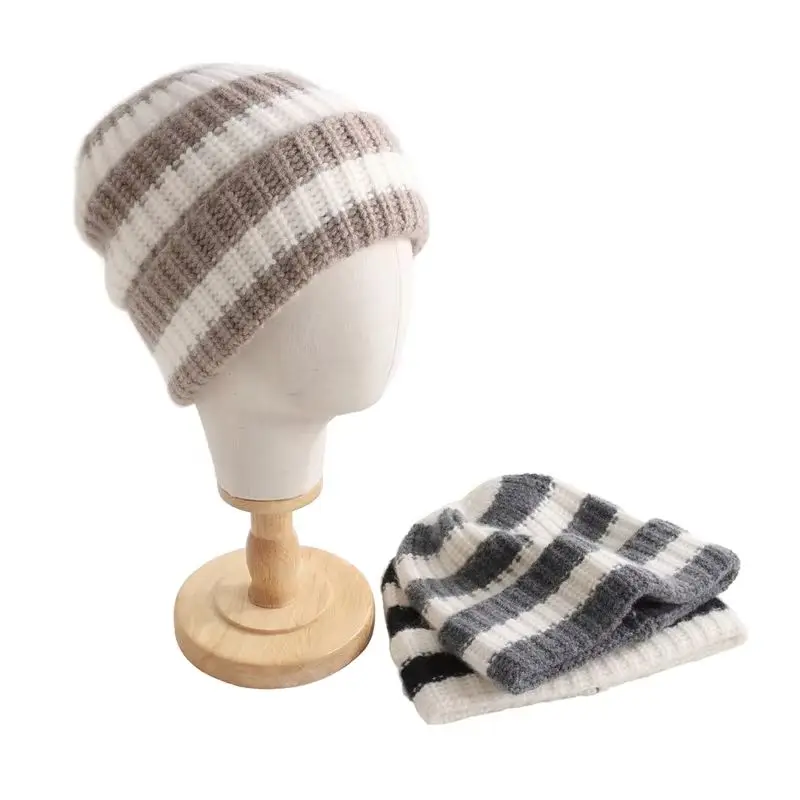 High-End Pure Cashmere Striped Knitted Wool Hat Japanese Style Warm Casual Large Head Circumference Autumn Winter Versatile Hat